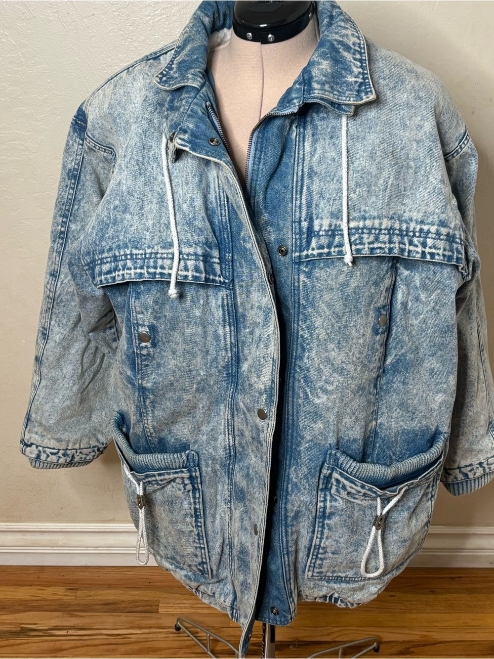 Stefano Light Blue Acid Wash Jean Jacket with Drawstring Pockets